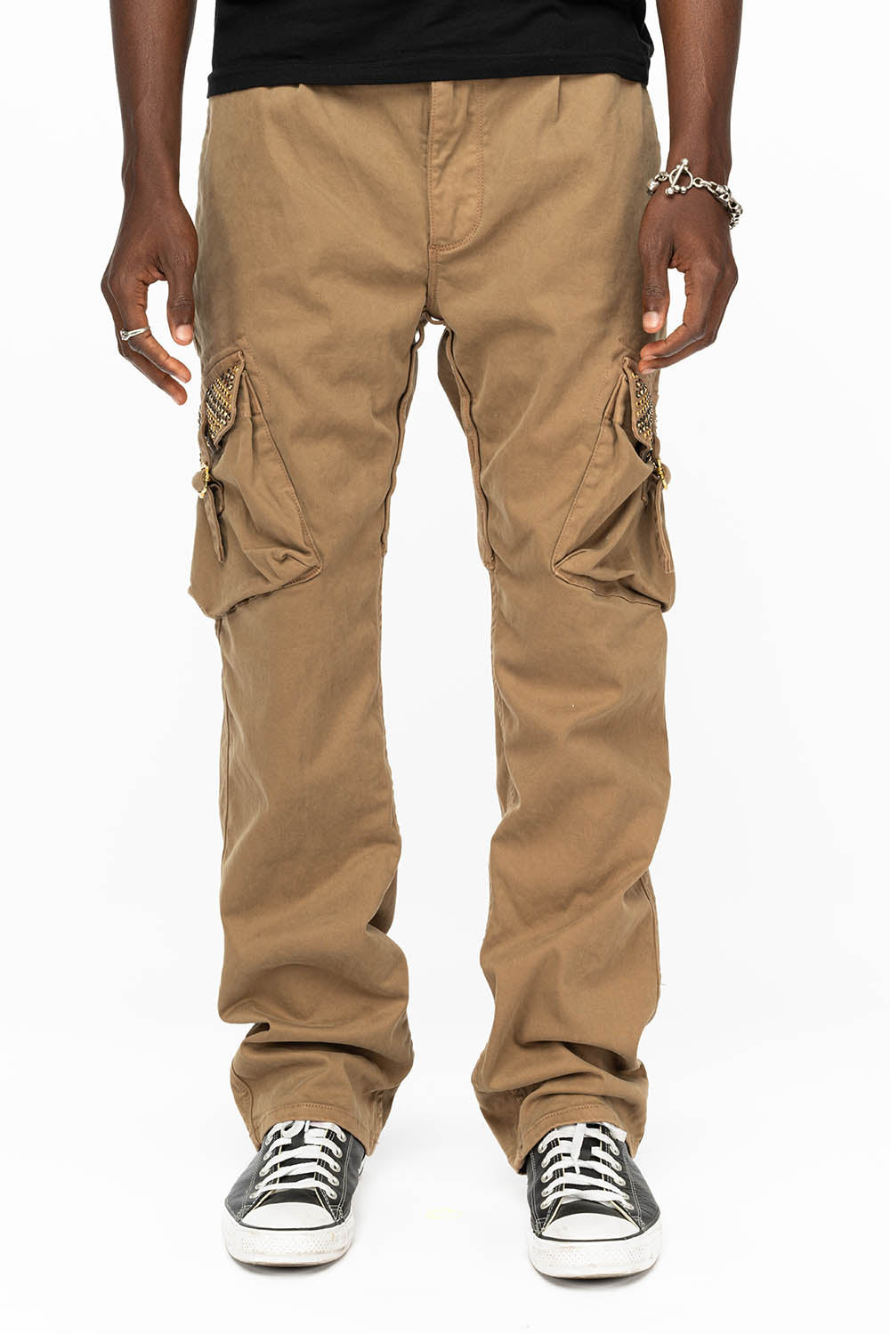 ROBINS NEW MILITARY STYLE CARGO PANTS IN KHAKI WITH AURUM AND SMOKY TOPAZ CRYSTALS