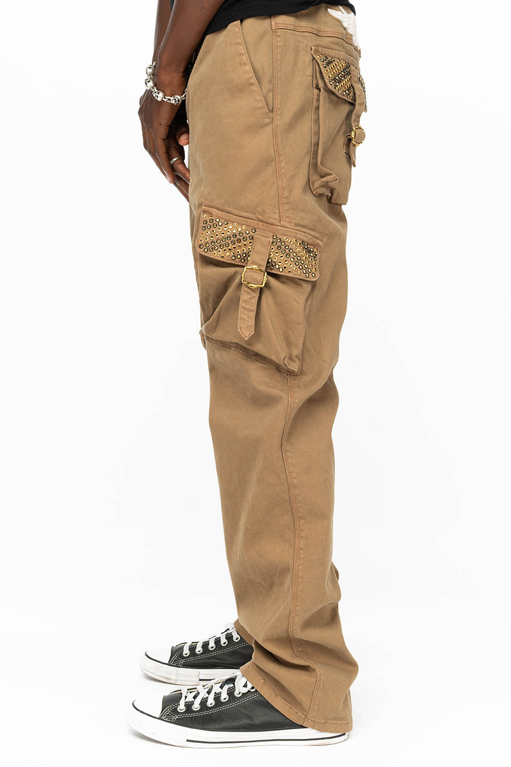 ROBINS NEW MILITARY STYLE CARGO PANTS IN KHAKI WITH AURUM AND SMOKY TOPAZ CRYSTALS