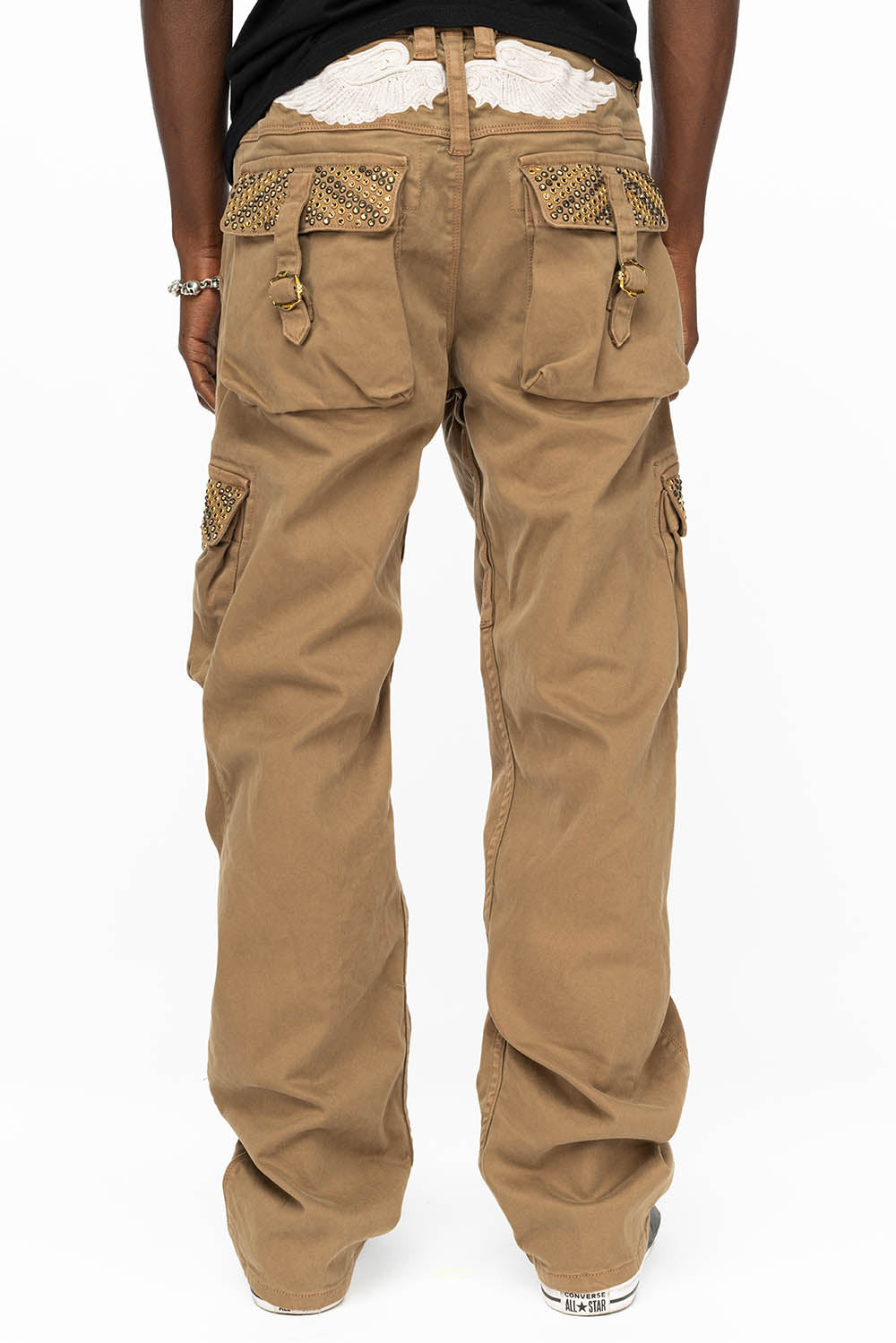 ROBINS NEW MILITARY STYLE CARGO PANTS IN KHAKI WITH AURUM AND SMOKY TOPAZ CRYSTALS