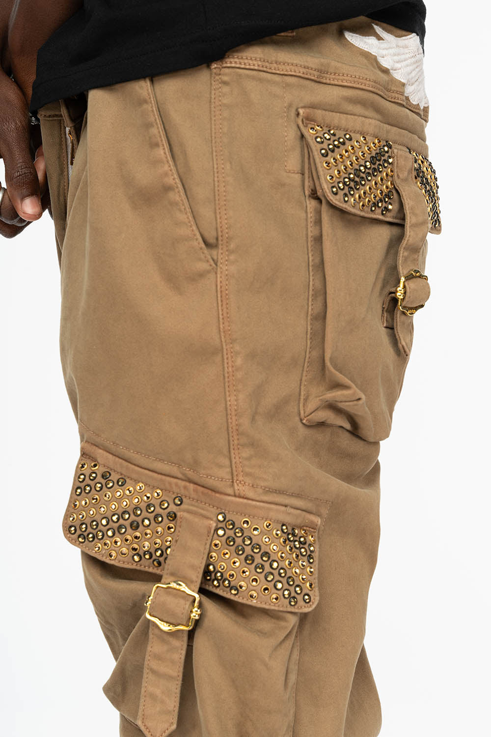 ROBINS NEW MILITARY STYLE CARGO PANTS IN KHAKI WITH AURUM AND SMOKY TOPAZ CRYSTALS