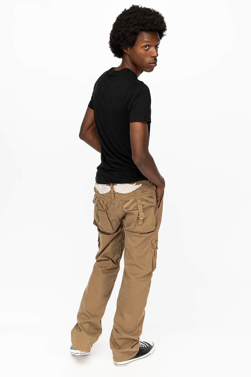 ROBINS NEW MILITARY STYLE CARGO PANTS IN KHAKI WITH AURUM AND SMOKY TOPAZ CRYSTALS