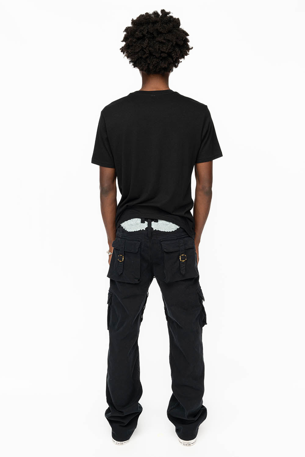 ROBINS NEW MILITARY STYLE CARGO PANTS IN  PURE BLACK WITH EMBROIDERY