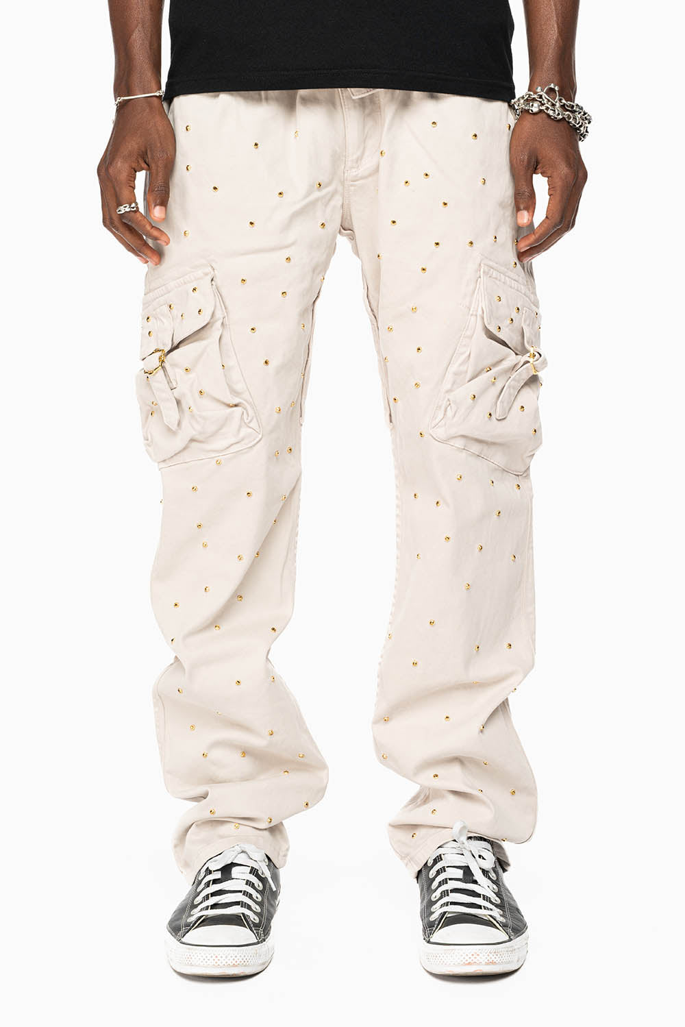 ROBINS NEW MILITARY STYLE CARGO PANTS IN STONE COLOR WASH EMBELLISHED ALLOVER WITH CRYSTALS