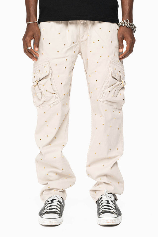 ROBINS NEW MILITARY STYLE CARGO PANTS IN STONE COLOR WASH EMBELLISHED ALLOVER WITH CRYSTALS