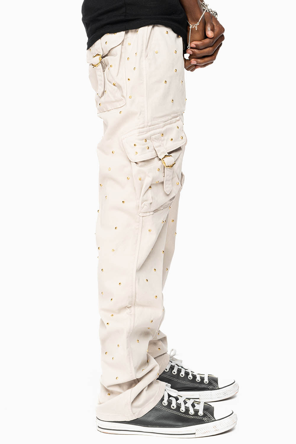 ROBINS NEW MILITARY STYLE CARGO PANTS IN STONE COLOR WASH EMBELLISHED ALLOVER WITH CRYSTALS