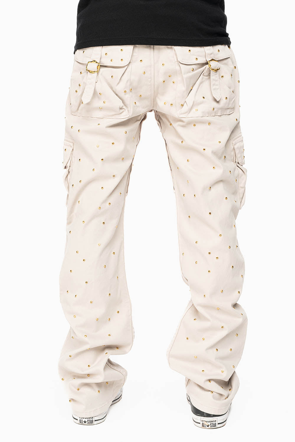 ROBINS NEW MILITARY STYLE CARGO PANTS IN STONE COLOR WASH EMBELLISHED ALLOVER WITH CRYSTALS