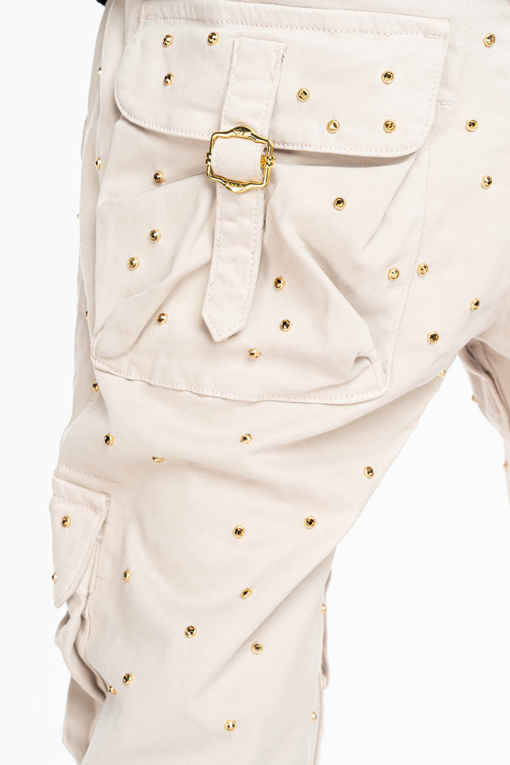 ROBINS NEW MILITARY STYLE CARGO PANTS IN STONE COLOR WASH EMBELLISHED ALLOVER WITH CRYSTALS