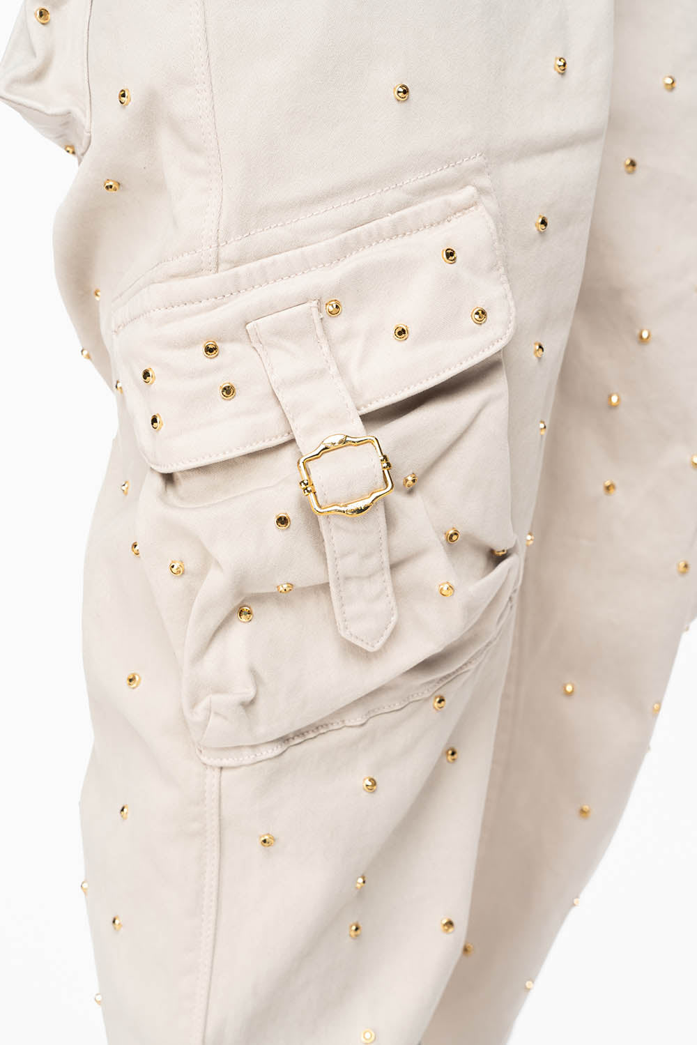 ROBINS NEW MILITARY STYLE CARGO PANTS IN STONE COLOR WASH EMBELLISHED ALLOVER WITH CRYSTALS