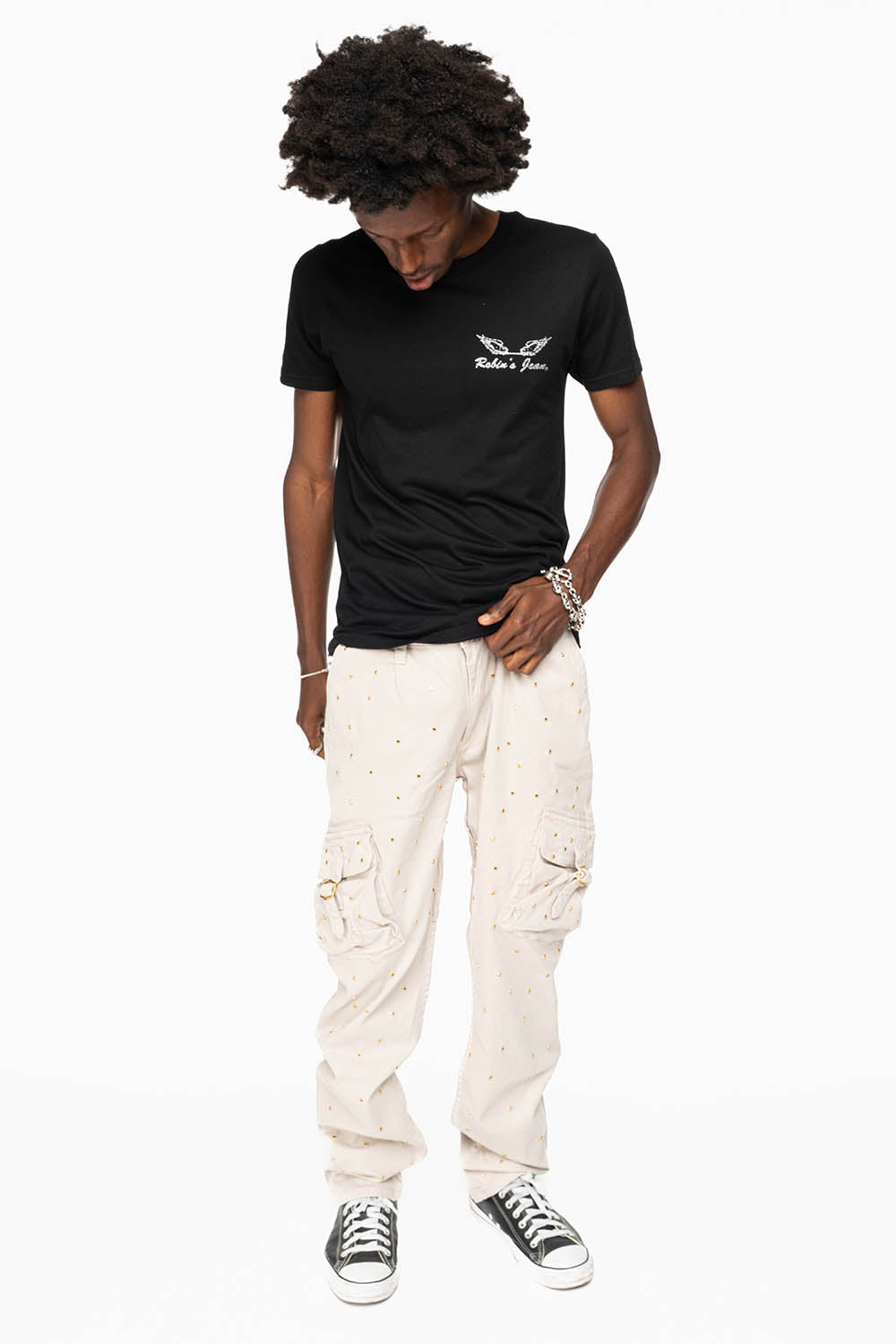 ROBINS NEW MILITARY STYLE CARGO PANTS IN STONE COLOR WASH EMBELLISHED ALLOVER WITH CRYSTALS