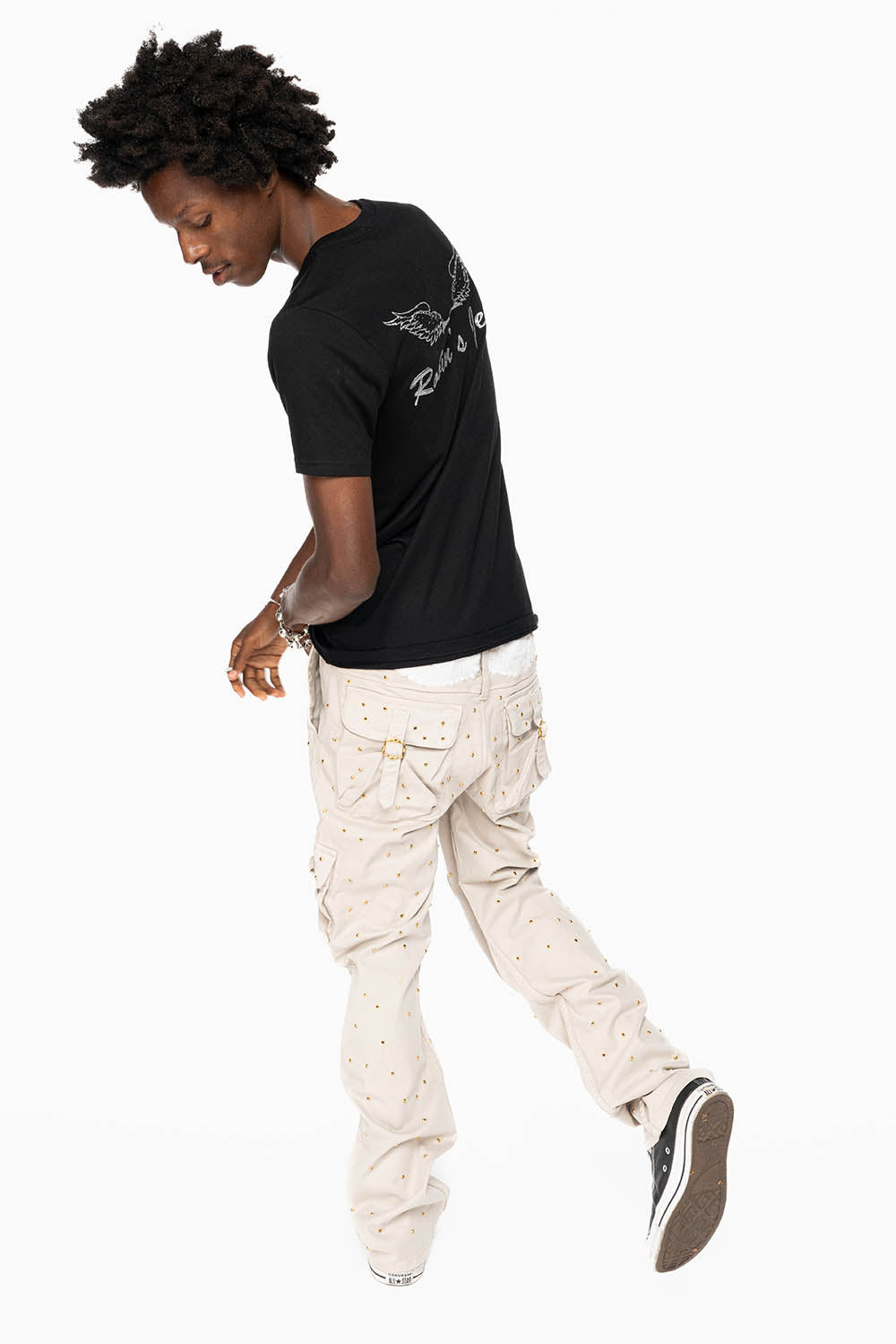 ROBINS NEW MILITARY STYLE CARGO PANTS IN STONE COLOR WASH EMBELLISHED ALLOVER WITH CRYSTALS