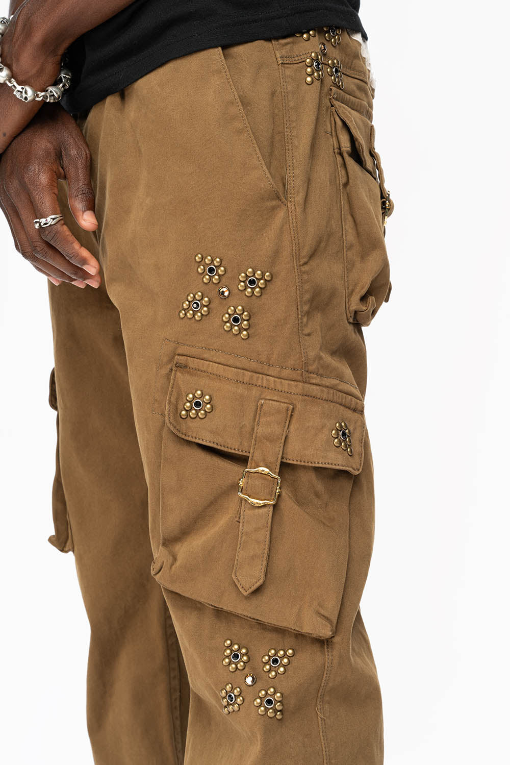 ROBINS NEW MILITARY STYLE CARGO PANTS IN AVOCADO  WITH WESTERN CRYSTAL MOTIF