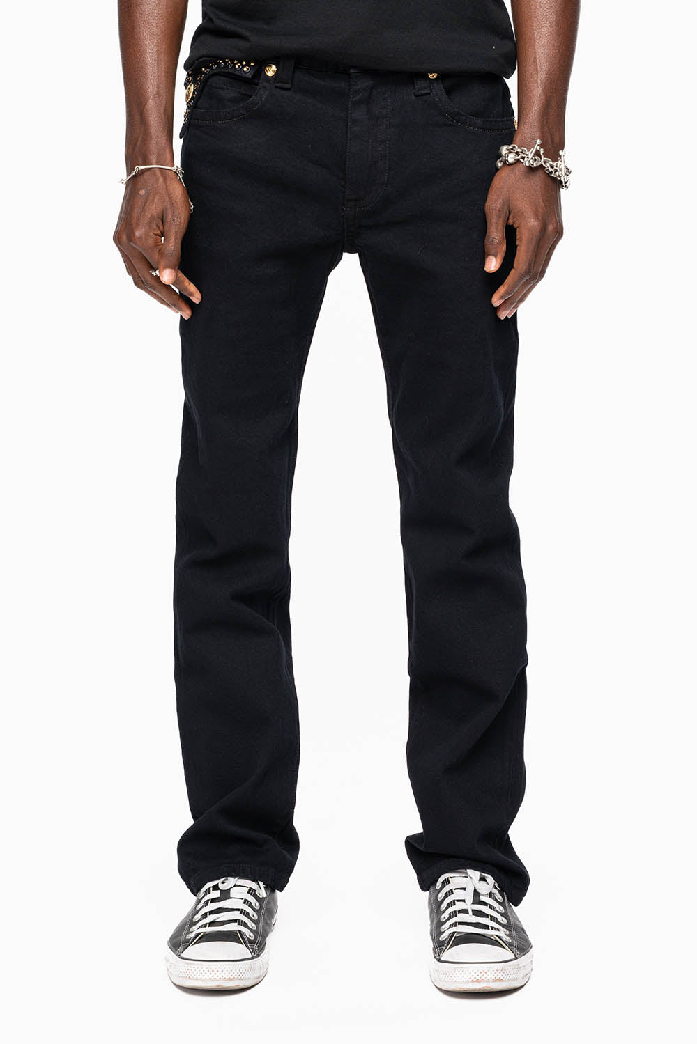 KILLER FLAP MENS SKINNY JEAN IN PURE BLACK WASH EMBELLISHED WITH LARGE SMOKY TOPAZ & AURUM CRYSTALS