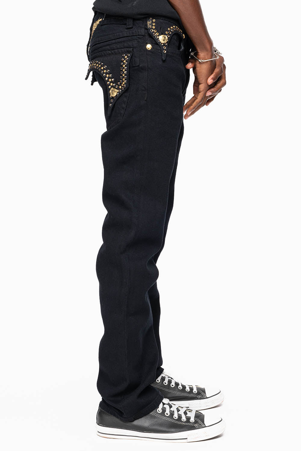 KILLER FLAP MENS SKINNY JEAN IN PURE BLACK WASH EMBELLISHED WITH LARGE SMOKY TOPAZ & AURUM CRYSTALS