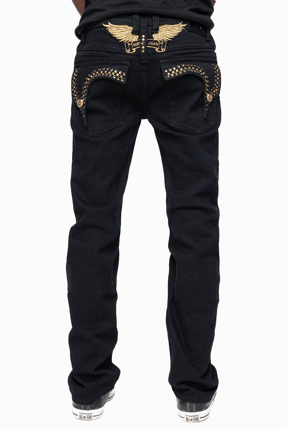 KILLER FLAP MENS SKINNY JEAN IN PURE BLACK WASH EMBELLISHED WITH LARGE SMOKY TOPAZ & AURUM CRYSTALS