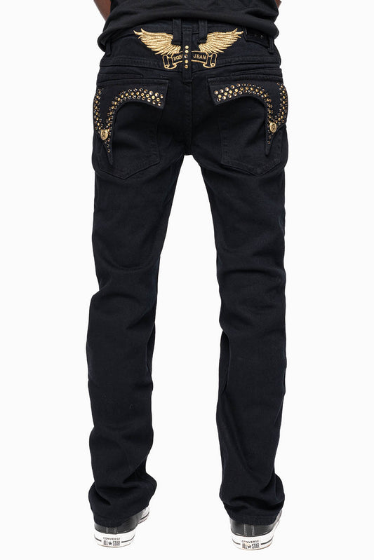 KILLER FLAP MENS SKINNY JEAN IN PURE BLACK WASH EMBELLISHED WITH LARGE SMOKY TOPAZ & AURUM CRYSTALS