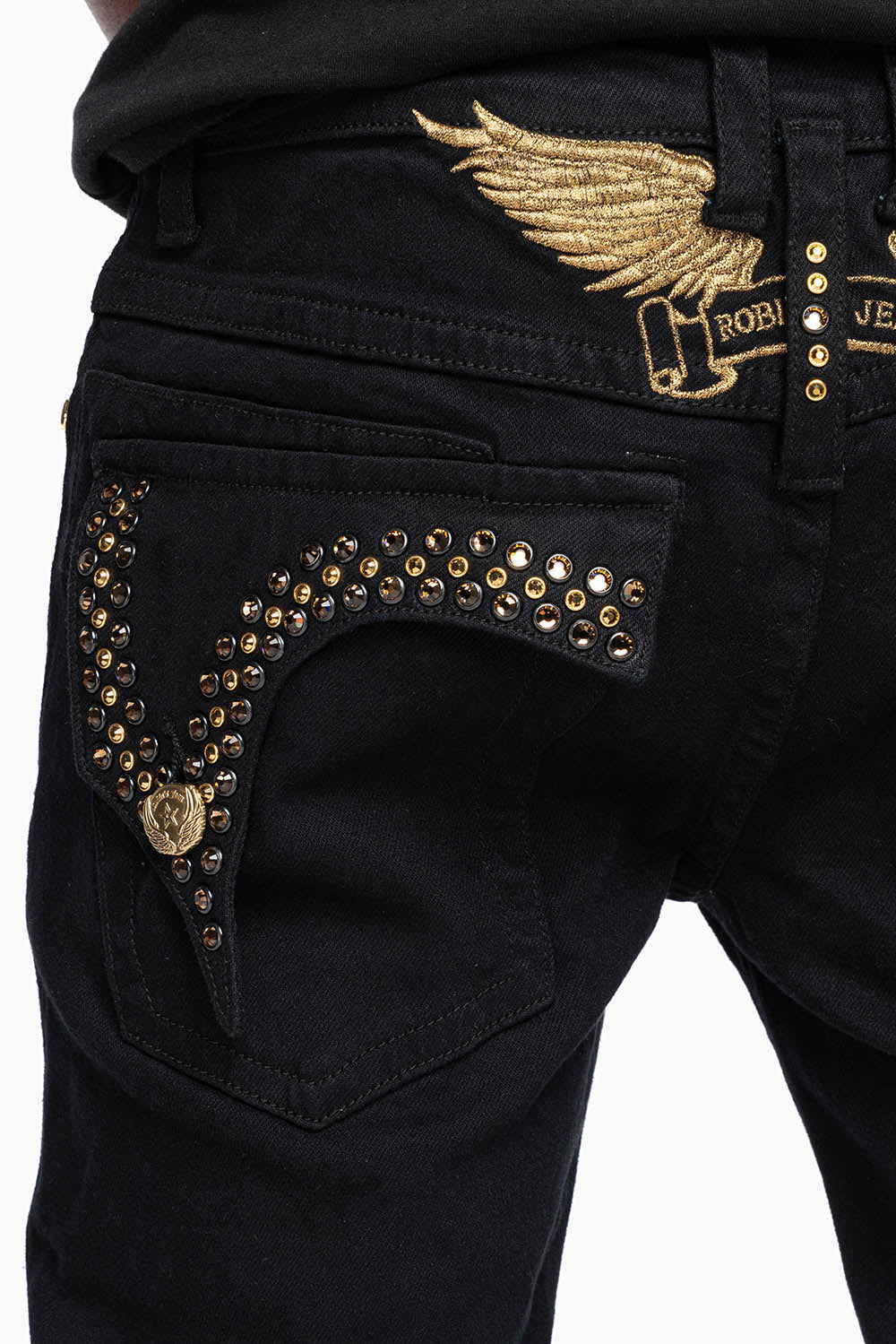 KILLER FLAP MENS SKINNY JEAN IN PURE BLACK WASH EMBELLISHED WITH LARGE SMOKY TOPAZ & AURUM CRYSTALS