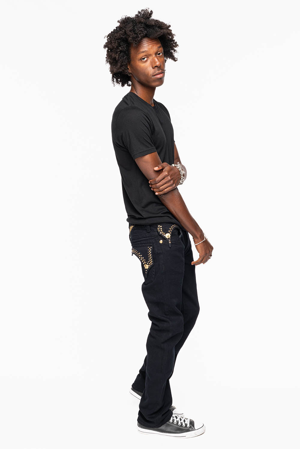KILLER FLAP MENS SKINNY JEAN IN PURE BLACK WASH EMBELLISHED WITH LARGE SMOKY TOPAZ & AURUM CRYSTALS