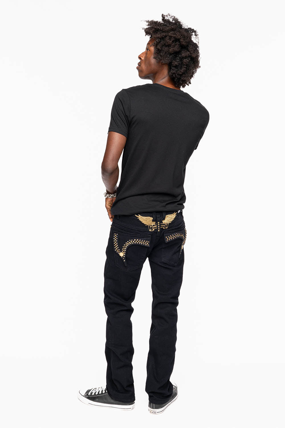 KILLER FLAP MENS SKINNY JEAN IN PURE BLACK WASH EMBELLISHED WITH LARGE SMOKY TOPAZ & AURUM CRYSTALS
