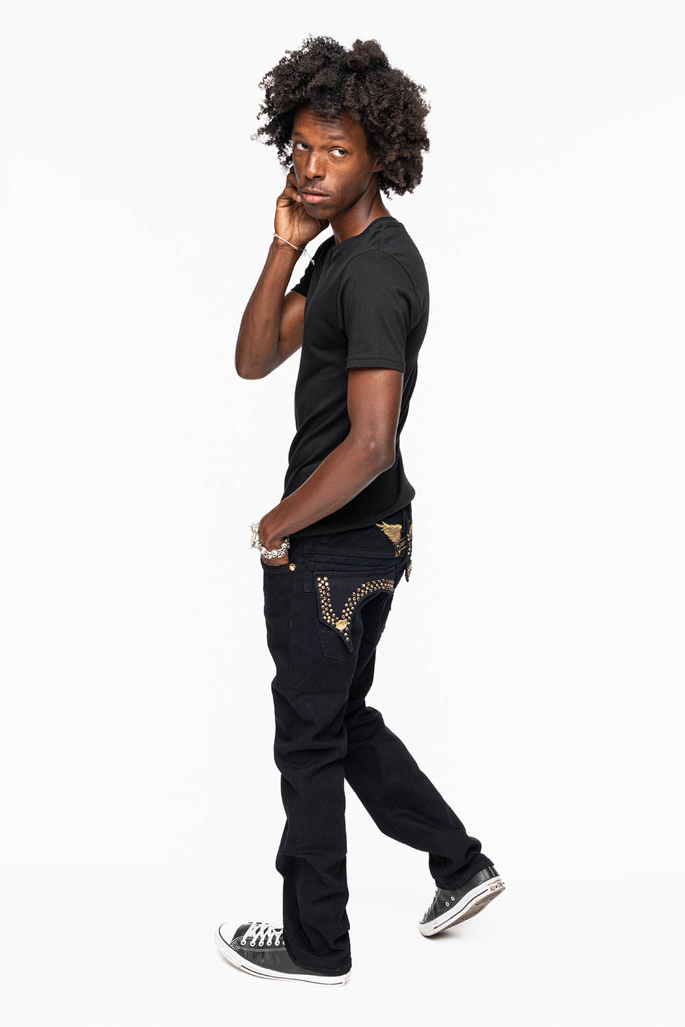 KILLER FLAP MENS SKINNY JEAN IN PURE BLACK WASH EMBELLISHED WITH LARGE SMOKY TOPAZ & AURUM CRYSTALS