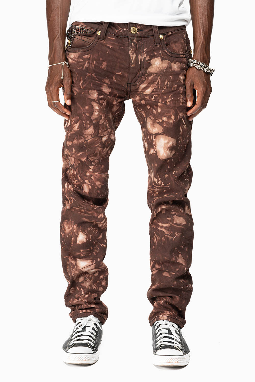 KILLER FLAP MENS SKINNY JEANS IN ASTRO BROWN WITH GOTHIC EMBROIDERY AND CRYSTALS