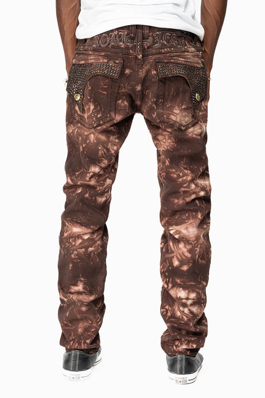 KILLER FLAP MENS SKINNY JEANS IN ASTRO BROWN WITH GOTHIC EMBROIDERY AND CRYSTALS