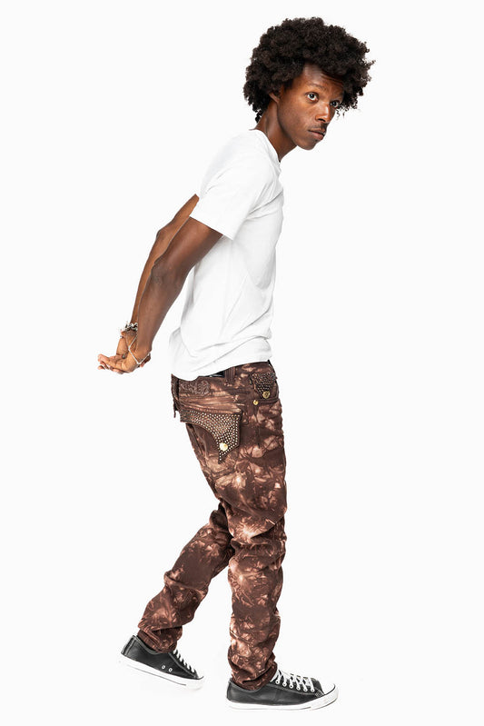 KILLER FLAP MENS SKINNY JEANS IN ASTRO BROWN WITH GOTHIC EMBROIDERY AND CRYSTALS