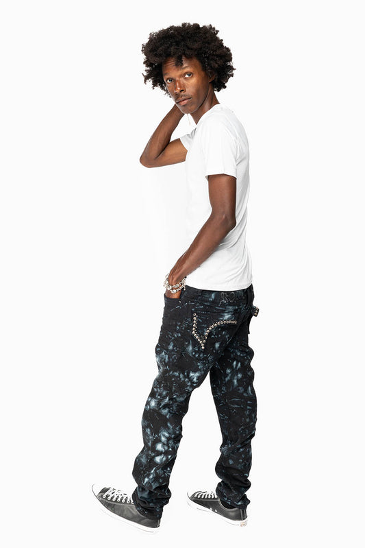 KILLER FLAP SKINNY JEANS IN ASTRO BLUE WITH GOTHIC EMBROIDERY AND CRYSTALS