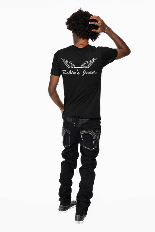 KILLER FLAP SKINNY JEANS IN PURE BLACK WASH WITH CRYSTALS
