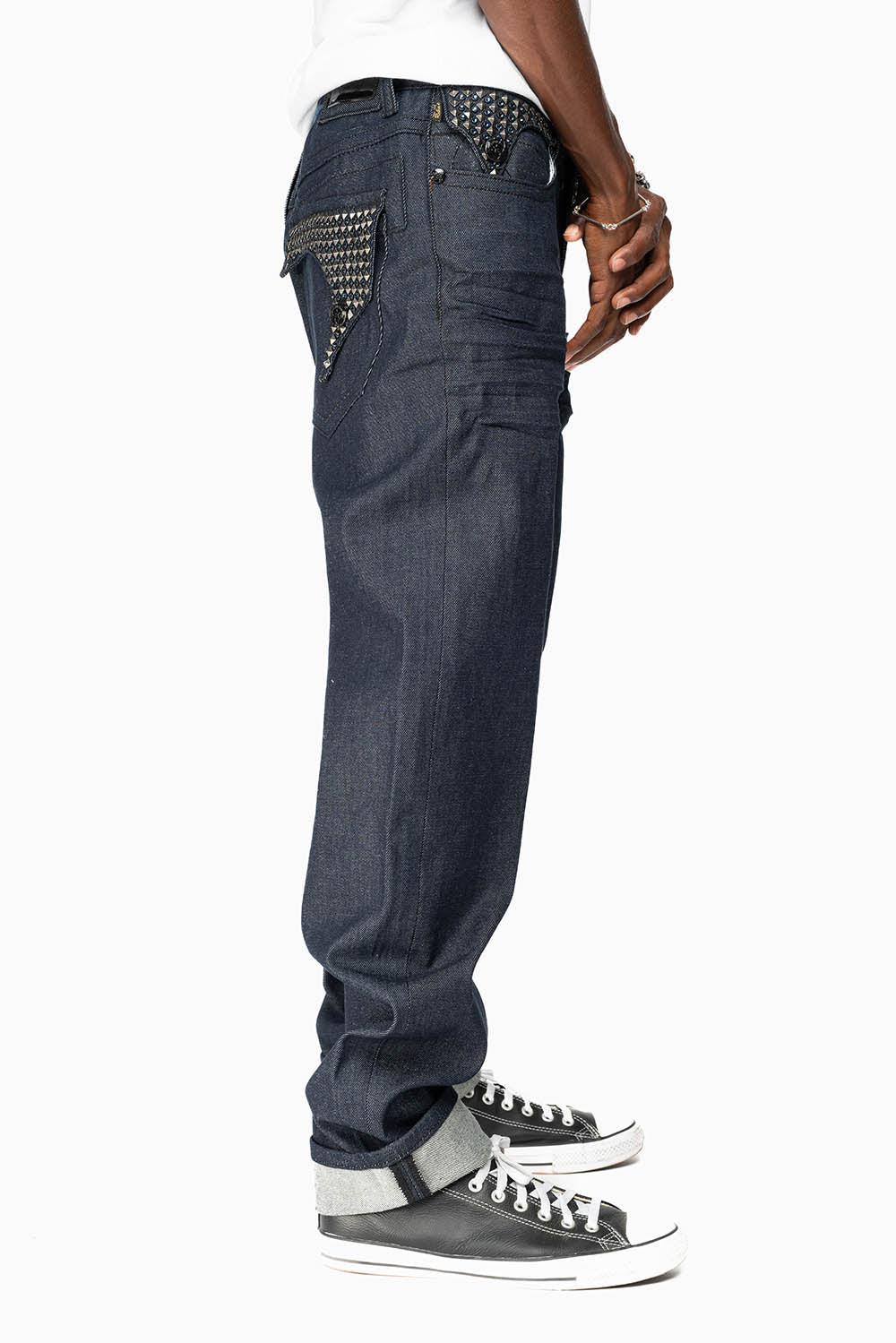 KILLER FLAP MENS SKINNY JEANS IN RINSED WASH WITH TONAL WINGS, STUDS AND CRYSTALS