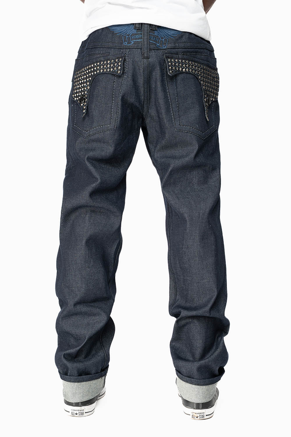 KILLER FLAP MENS SKINNY JEANS IN RINSED WASH WITH TONAL WINGS, STUDS AND CRYSTALS