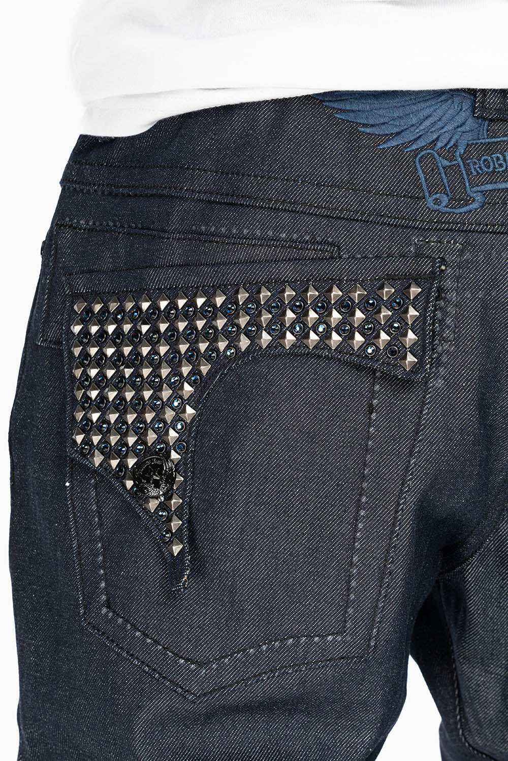 KILLER FLAP MENS SKINNY JEANS IN RINSED WASH WITH TONAL WINGS, STUDS AND CRYSTALS