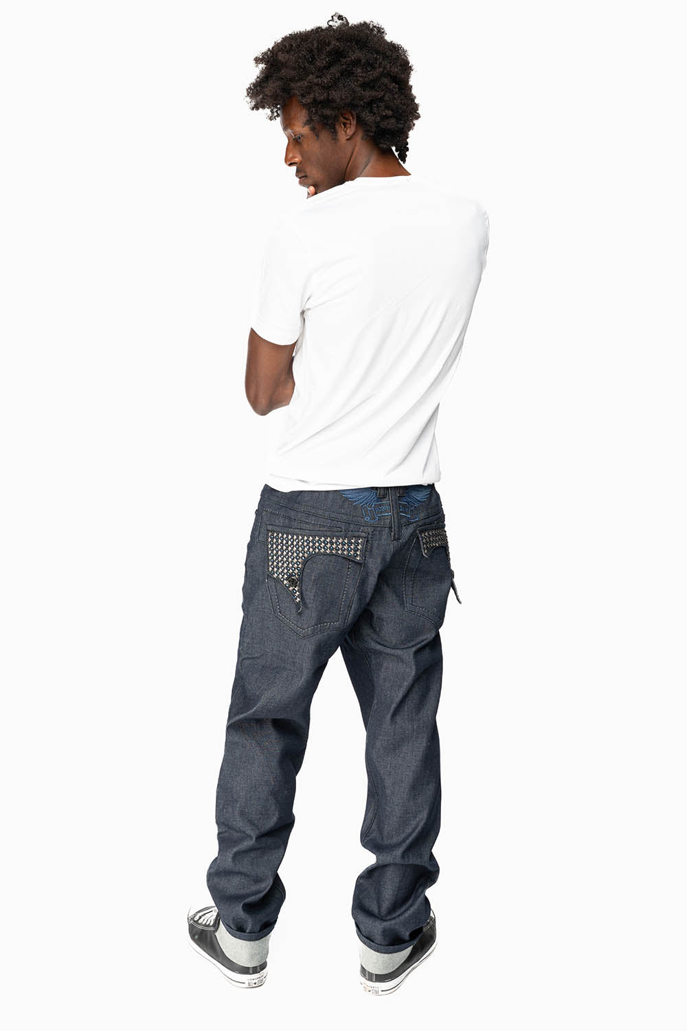 KILLER FLAP MENS SKINNY JEANS IN RINSED WASH WITH TONAL WINGS, STUDS AND CRYSTALS