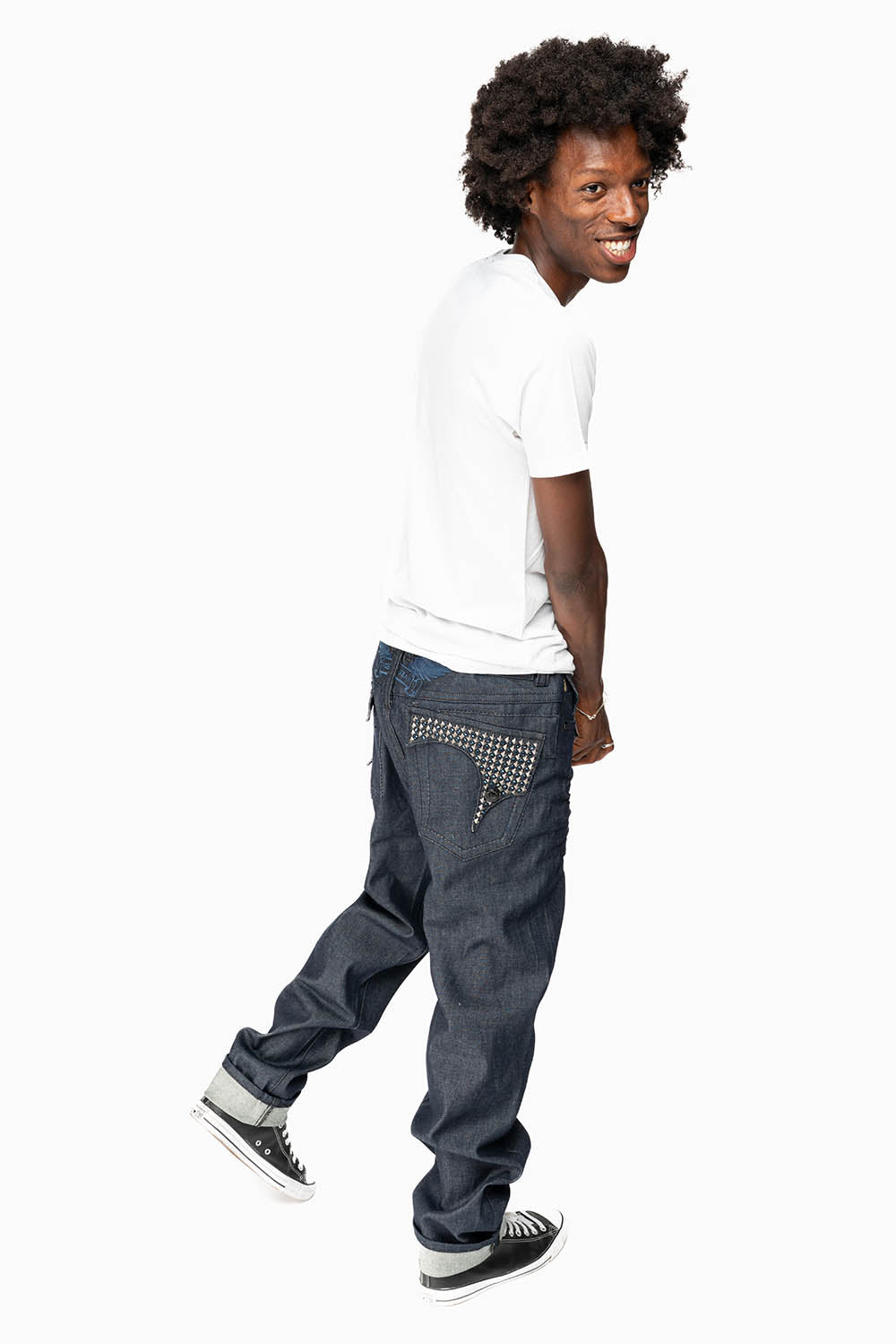 KILLER FLAP MENS SKINNY JEANS IN RINSED WASH WITH TONAL WINGS, STUDS AND CRYSTALS