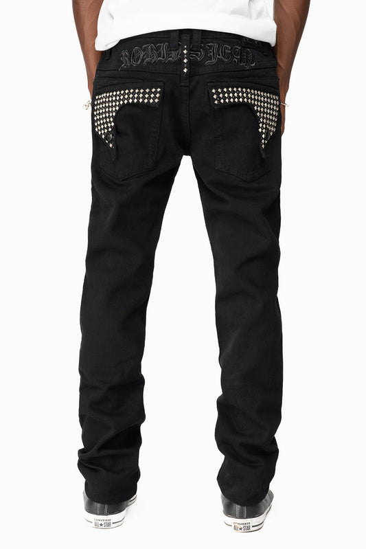 KILLER FLAP MENS SKINNY JEANS IN BLACK WITH EMBROIDERY,  STUDS AND CRYSTALS