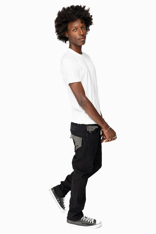KILLER FLAP MENS SKINNY JEANS IN BLACK WITH EMBROIDERY,  STUDS AND CRYSTALS