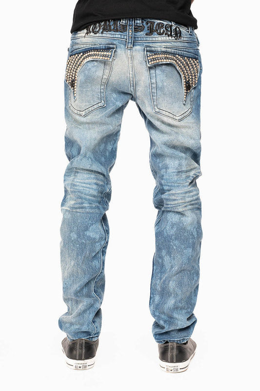 LONG FLAP SKINNY JEANS IN CRYSTAL BLUE WASH WITH STUDS AND CRYSTALS