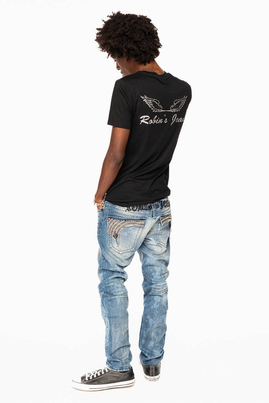 LONG FLAP SKINNY JEANS IN CRYSTAL BLUE WASH WITH STUDS AND CRYSTALS