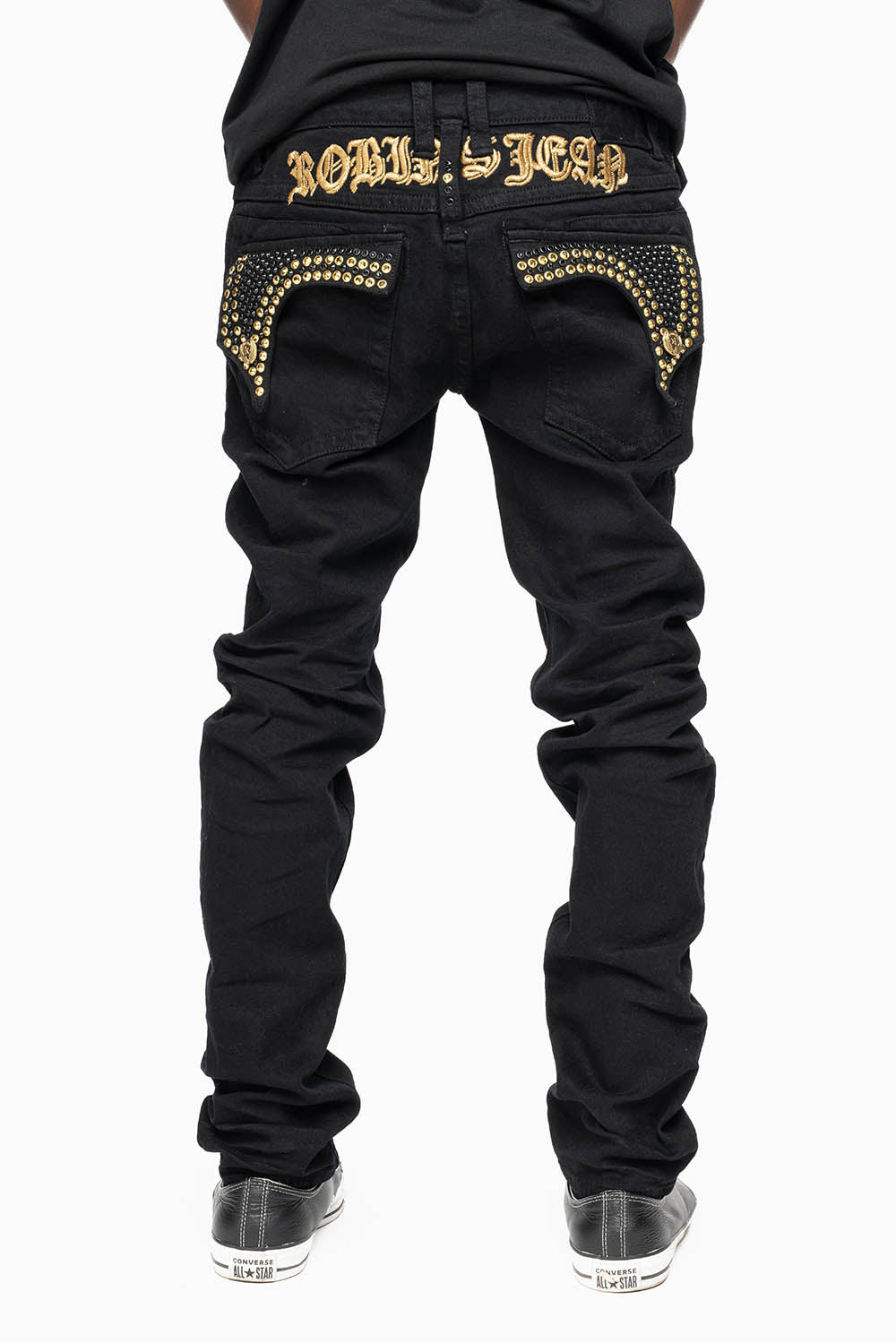 KILLER FLAP SKINNY JEANS FULLY EMBELLISHED WITH  AURUM AND BLK CRYSTALS IN PURE BLACK WITH  GOLD GOTHIC EMBROIDERY
