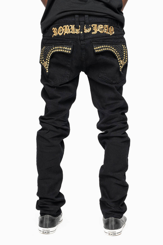 KILLER FLAP SKINNY JEANS FULLY EMBELLISHED WITH  AURUM AND BLK CRYSTALS IN PURE BLACK WITH  GOLD GOTHIC EMBROIDERY