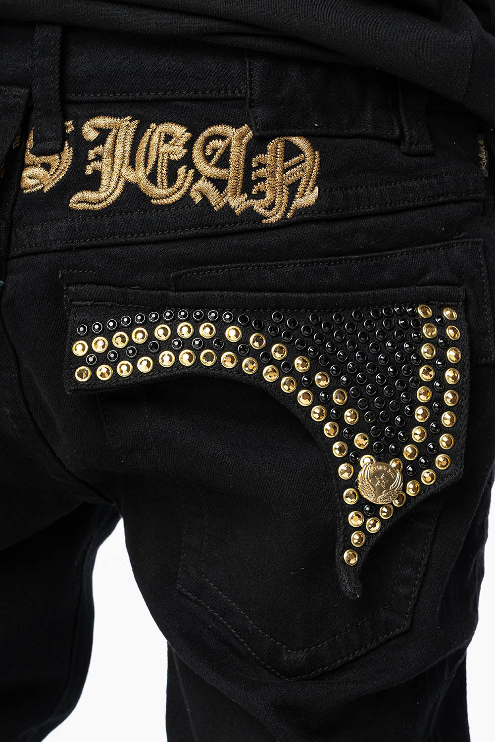 KILLER FLAP SKINNY JEANS FULLY EMBELLISHED WITH  AURUM AND BLK CRYSTALS IN PURE BLACK WITH  GOLD GOTHIC EMBROIDERY