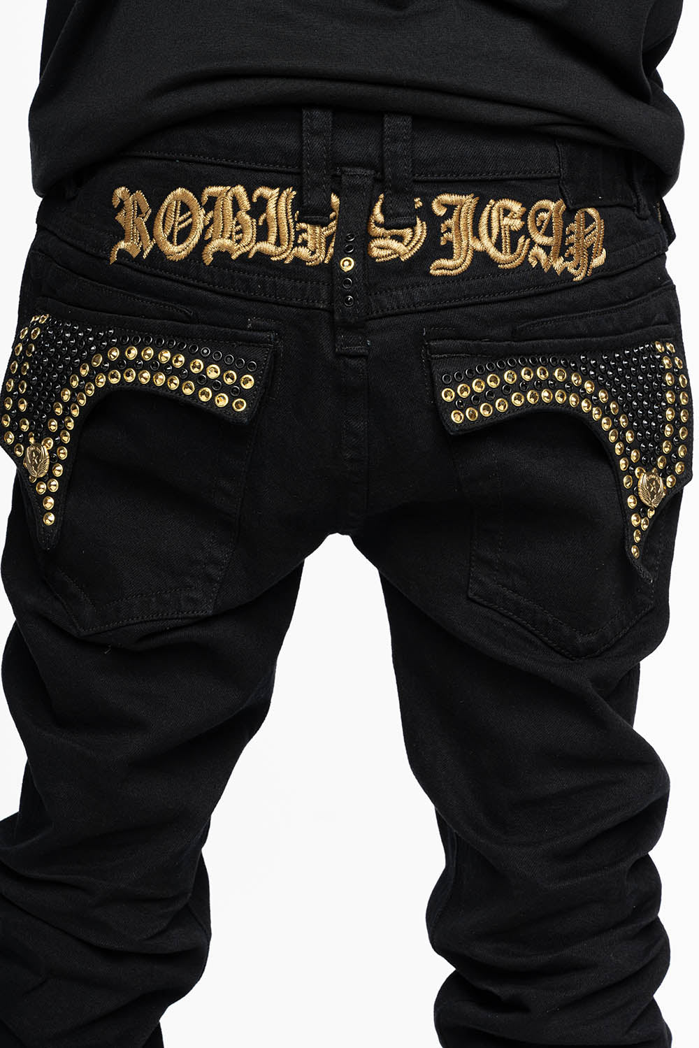 KILLER FLAP SKINNY JEANS FULLY EMBELLISHED WITH  AURUM AND BLK CRYSTALS IN PURE BLACK WITH  GOLD GOTHIC EMBROIDERY