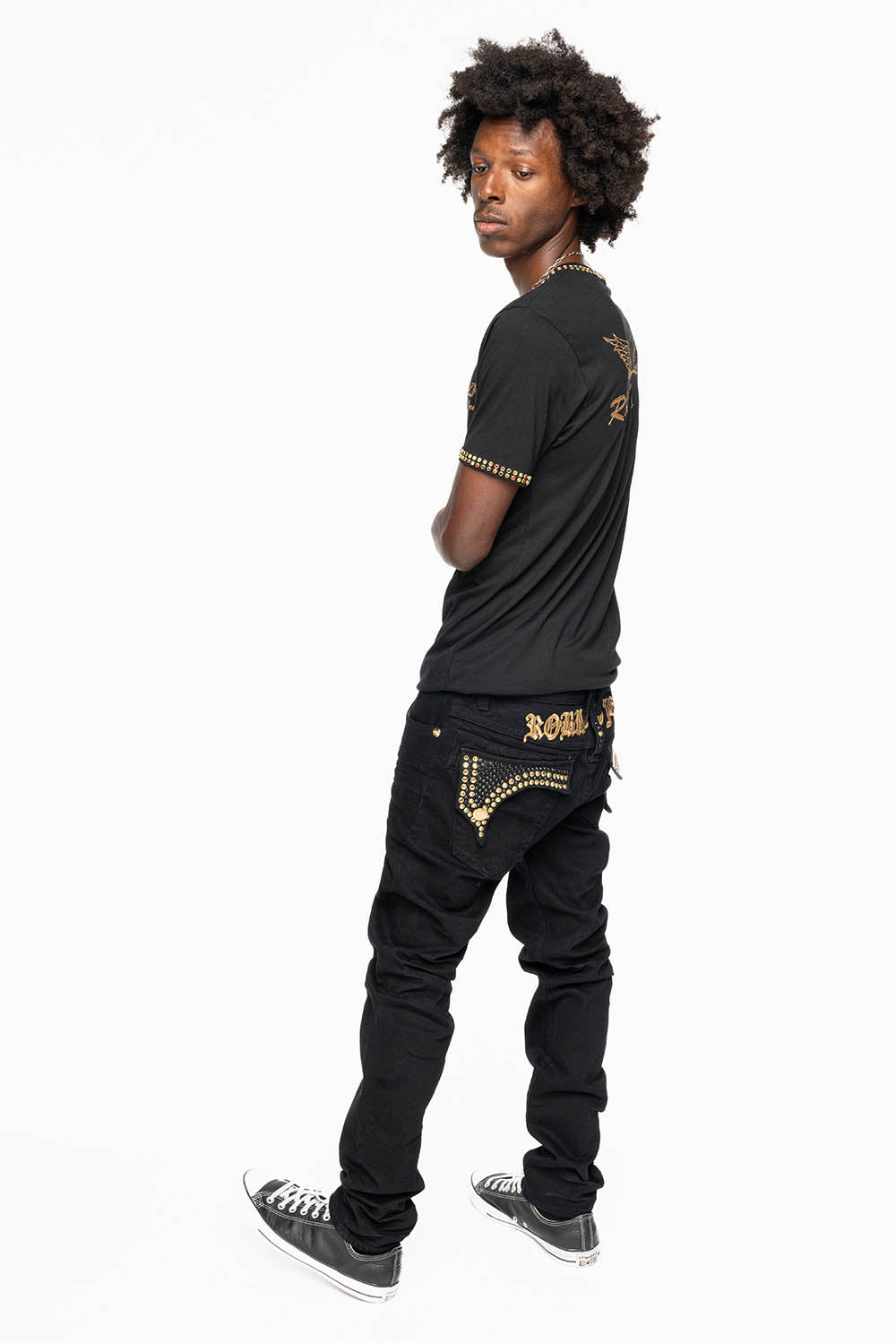 KILLER FLAP SKINNY JEANS FULLY EMBELLISHED WITH  AURUM AND BLK CRYSTALS IN PURE BLACK WITH  GOLD GOTHIC EMBROIDERY