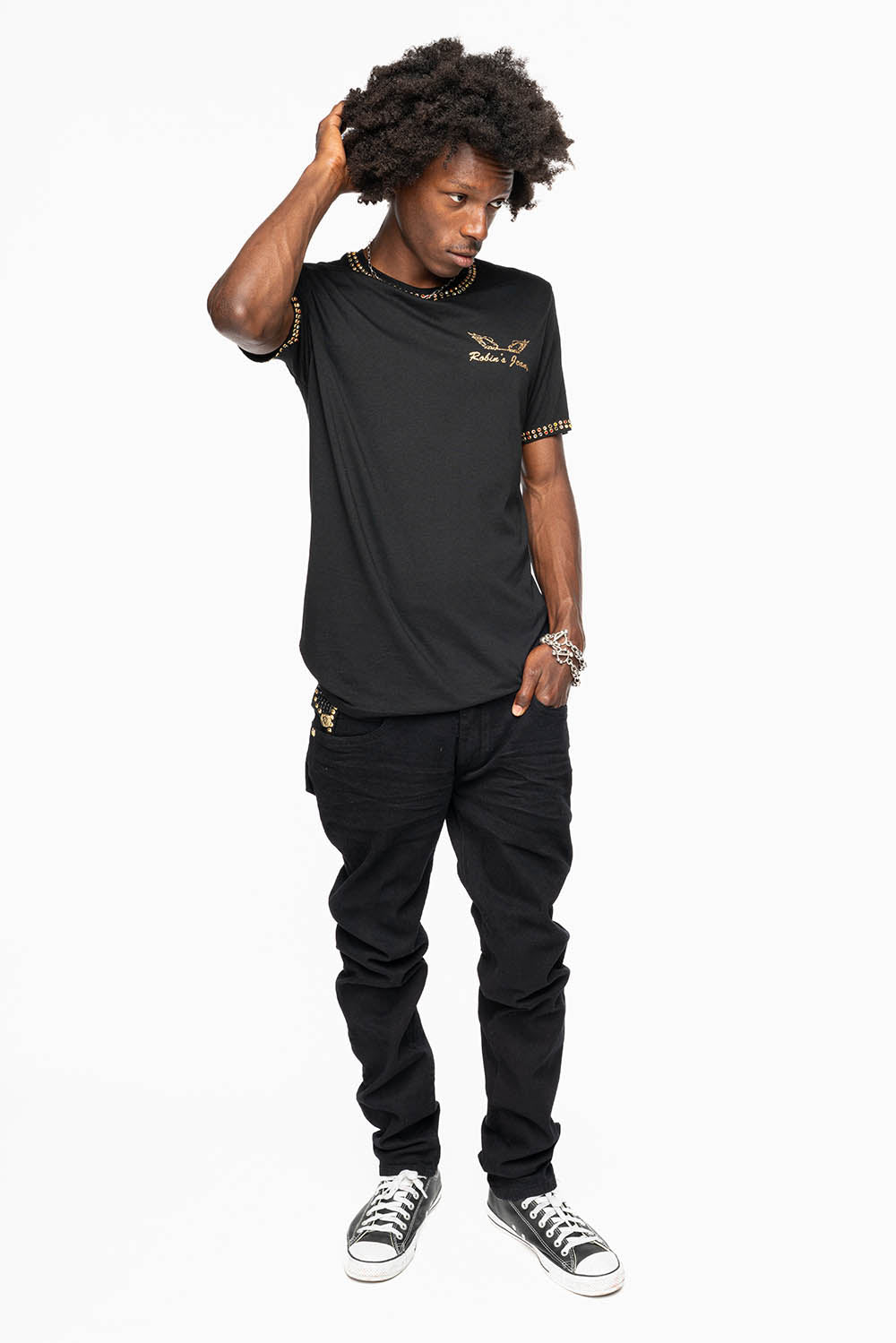 KILLER FLAP SKINNY JEANS FULLY EMBELLISHED WITH  AURUM AND BLK CRYSTALS IN PURE BLACK WITH  GOLD GOTHIC EMBROIDERY