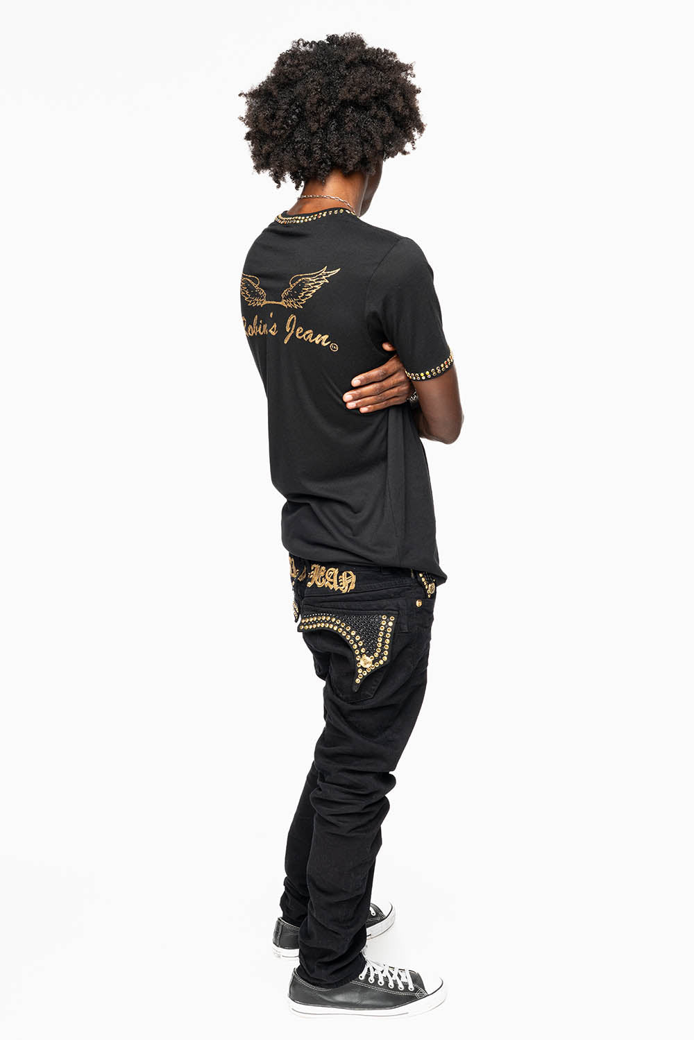 KILLER FLAP SKINNY JEANS FULLY EMBELLISHED WITH  AURUM AND BLK CRYSTALS IN PURE BLACK WITH  GOLD GOTHIC EMBROIDERY