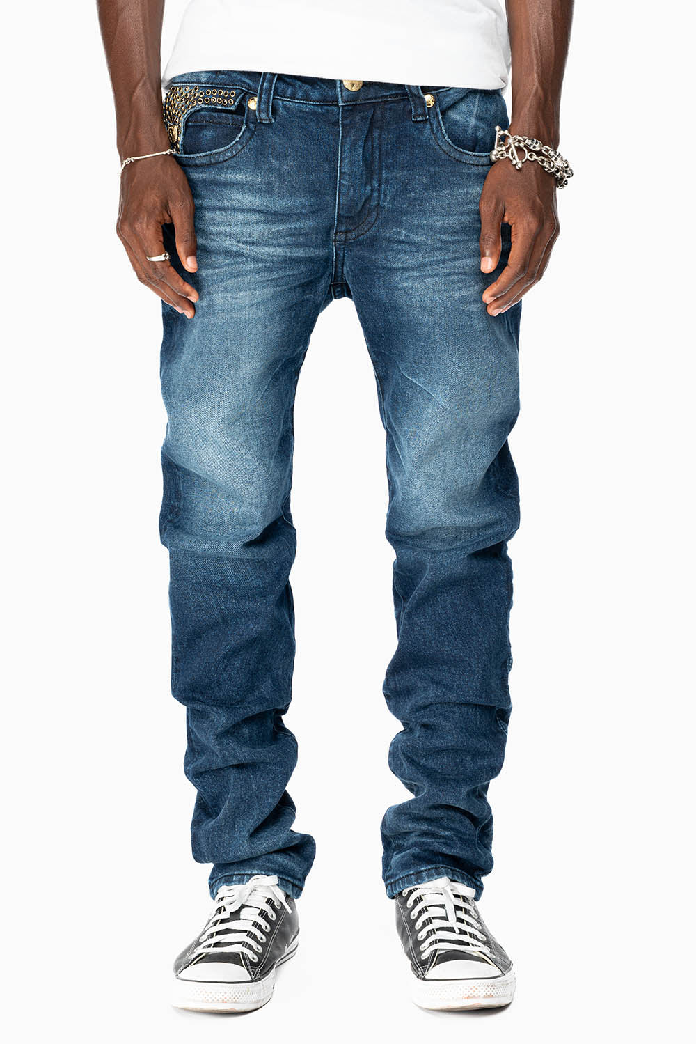 KILLER FLAP MENS SKINNY JEAN IN  OMAHA DARK WASH  FULLY EMBELLISHED WITH JET BLK CRYSTALS