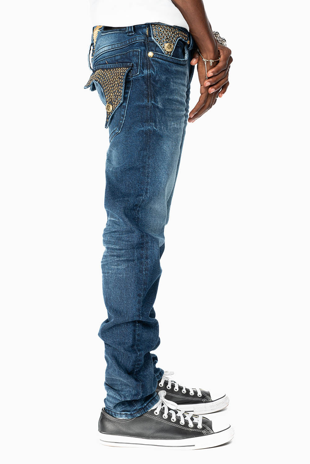 KILLER FLAP MENS SKINNY JEAN IN  OMAHA DARK WASH  FULLY EMBELLISHED WITH JET BLK CRYSTALS