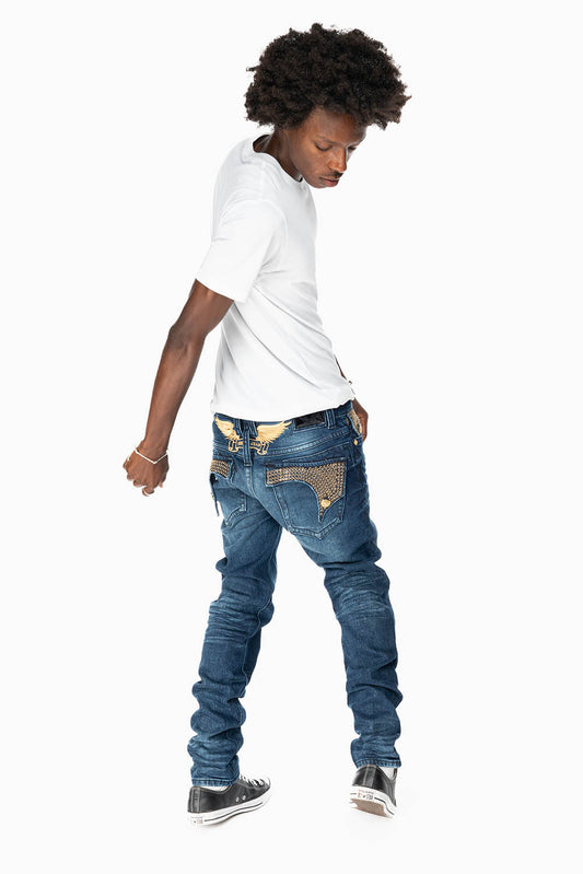KILLER FLAP MENS SKINNY JEAN IN  OMAHA DARK WASH  FULLY EMBELLISHED WITH JET BLK CRYSTALS