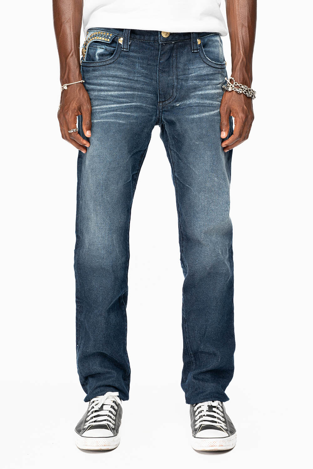 KILLER FLAP MENS SKINNY JEAN IN  OMAHA DARK WASH EMBELLISHED WITH AURUM & AQUA MARINE CRYSTALS