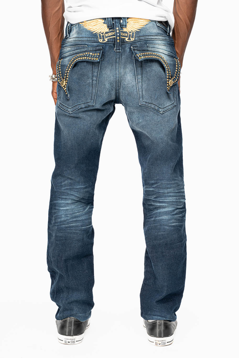 KILLER FLAP MENS SKINNY JEAN IN  OMAHA DARK WASH EMBELLISHED WITH AURUM & AQUA MARINE CRYSTALS