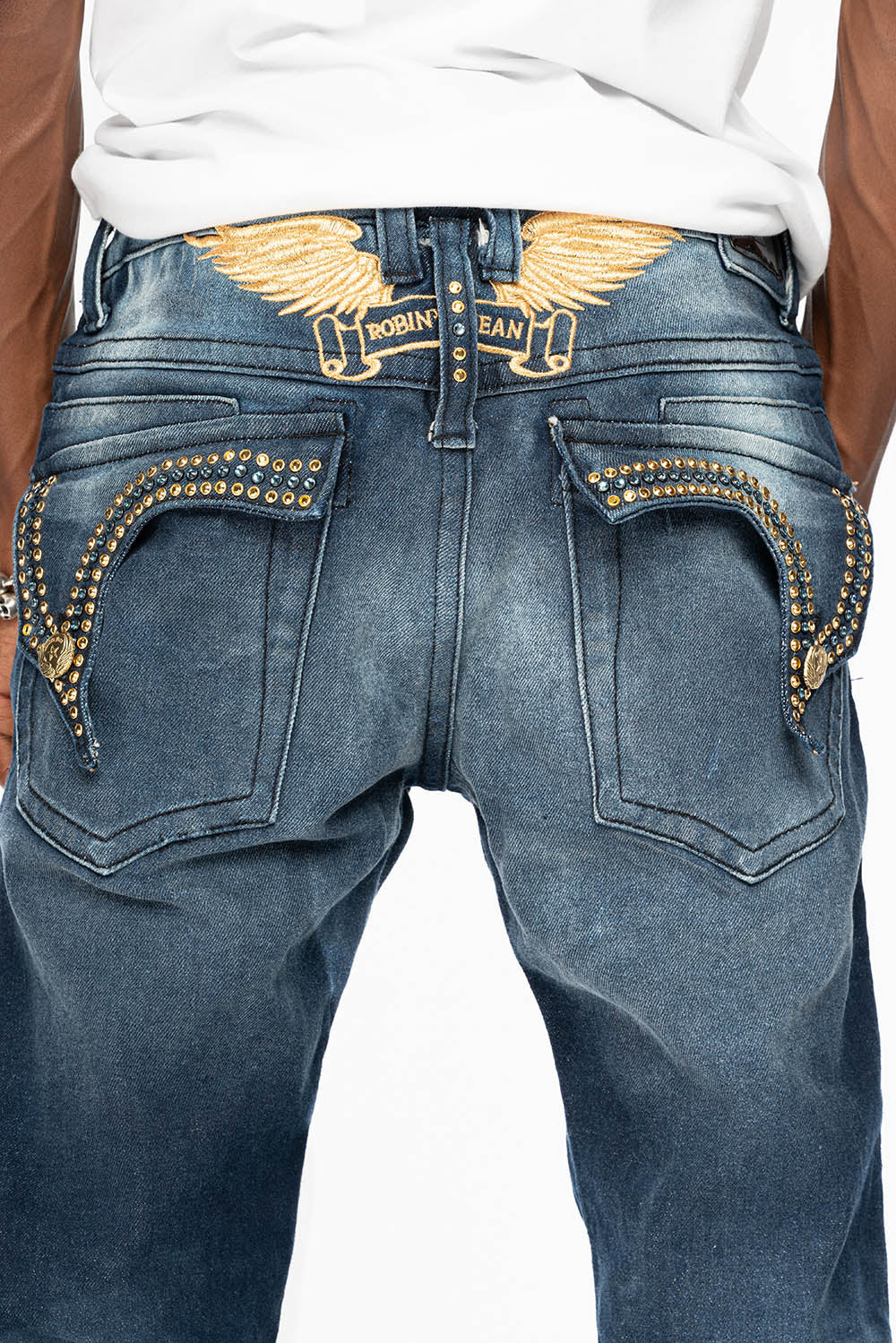 KILLER FLAP MENS SKINNY JEAN IN  OMAHA DARK WASH EMBELLISHED WITH AURUM & AQUA MARINE CRYSTALS